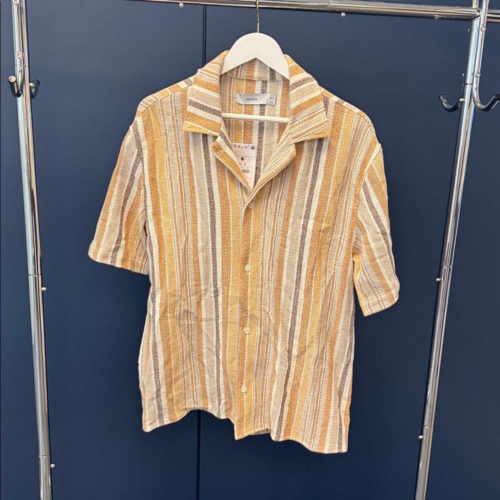 Bershka Men's Casual Button Down Shirt - Yellow and White Stripes